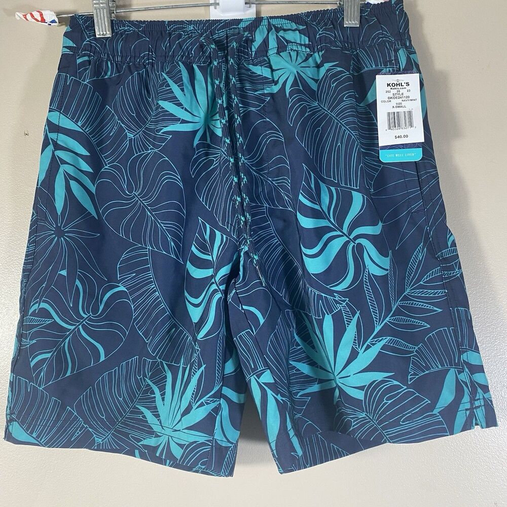 Trinity Coast  Swim Trunks Men XS  Navy Mint  Mesh Lining Side Pockets Floral